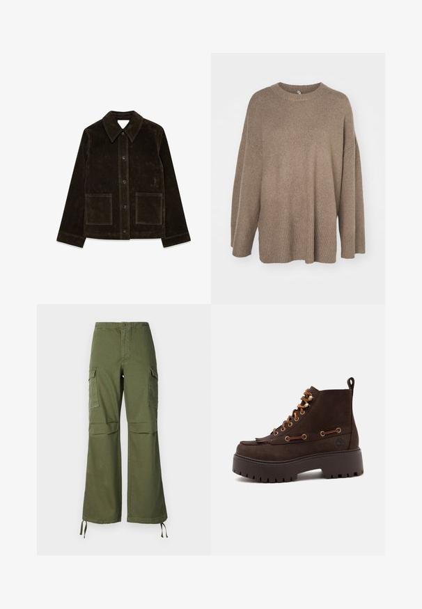 Brun ruskindsjakke med stor krave, frontlukning med knapper og to påsyede lommer. Har en tekstureret overflade og en skræddersyet pasform.; Brun oversized sweater med ribbet kant, brede ærmer og rund hals. Blød tekstur, minimalistisk design uden mønstre.; Olivengrønne cargo-buksen i bomuld med bred ben-design, to sidelommer og justerbare snore ved kanten.; Mørkebrun læderstøvle med snørre, kraftig sål, gyldne nitter og en fæstet trækflap bagpå på en hvid baggrund.