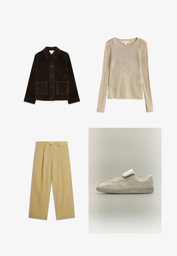 Chaqueta de ante marrón con un gran cuello, cierre frontal de botones y dos bolsillos de parche. Presenta una superficie texturizada y un corte ajustado.; Jersey beige de punto con canalé, manga larga, cuello redondo y corte ajustado, mostrado plano con etiqueta visible en el cuello.; Pantalones beige de pierna ancha con pliegues frontales, bolsillos laterales, trabillas para el cinturón y cierre con botón en la cintura.; Zapatilla baja blanca con suela texturizada, cierre con cordones en la parte delantera, lengüeta acolchada y sutil marca dorada en el lateral, mostrada sobre un fondo neutro.