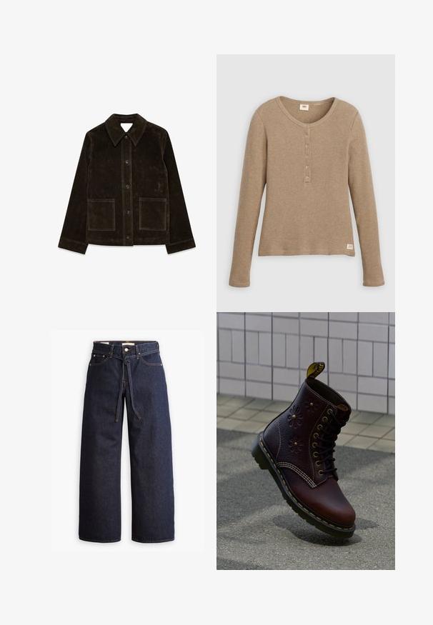 Brun ruskindsjakke med stor krave, frontlukning med knapper og to påsyede lommer. Har en tekstureret overflade og en skræddersyet pasform.; Beige henley-shirt i vaffelstrik med lange ærmer, rund halsudskæring og fem-knaps lukning, vist fladt mod hvid baggrund.; Bredde ben mørkeblå denim jeans med høj talje, der har snoretræk, fem lommer og kontrastsyet detaljer.; Mørkebrun læderstøvle med blomsterprægning og gul syning, placeret opret på en tekstureret fortov med flisebelagt væg i baggrunden.