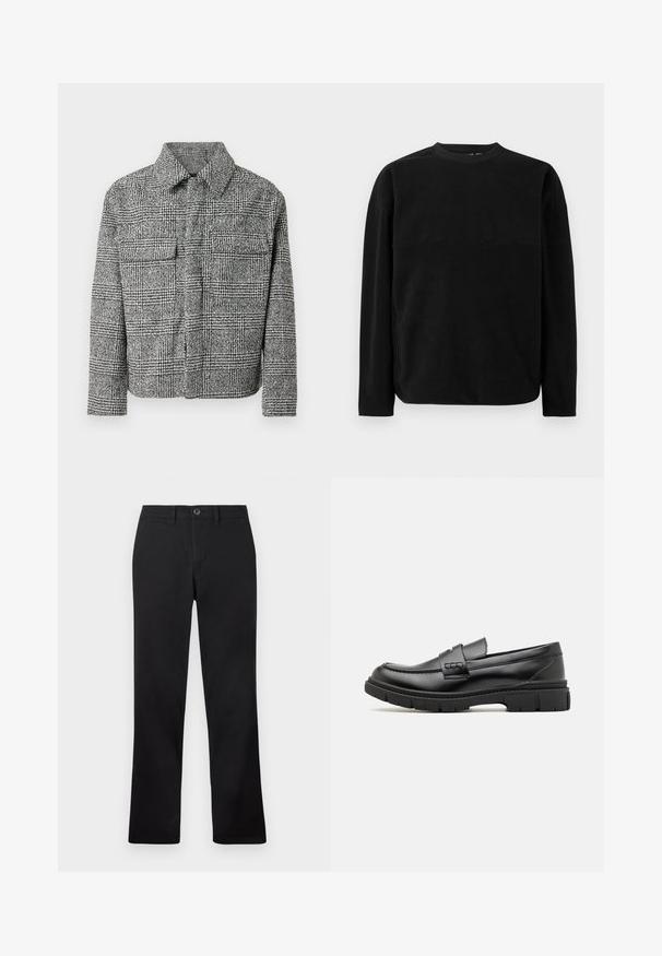 Veste à carreaux noir et blanc avec un col, deux poches poitrine, des manches longues et un tissu texturé.; Sweatshirt noir à manches longues en tissu doux, avec un col rond, des épaules tombantes et un design en panneaux sur la poitrine.; Un pantalon noir présenté sur un fond blanc, avec une coupe droite et une fermeture à bouton à la taille.; Mocassin en cuir noir avec une large sangle sur le devant, semelle en caoutchouc à épaisse rainure, et texture lisse. Design classique et élégant.