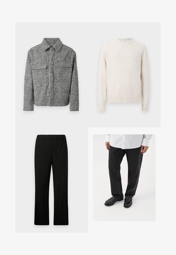 Veste à carreaux noir et blanc avec un col, deux poches poitrine, des manches longues et un tissu texturé.; Pull crème avec un col rond, des poignets et un ourlet côtelés. Texture douce avec un design simple et épuré et des manches raglan.; Pantalon noir à taille élastique avec une coupe droite. Réalisé en tissu lisse, sans motifs ni embellissements visibles.; Pantalons en denim noir associés à des mocassins noirs brillants. La chemise est blanche avec de fines rayures verticales, avec des manches longues et un col boutonné.