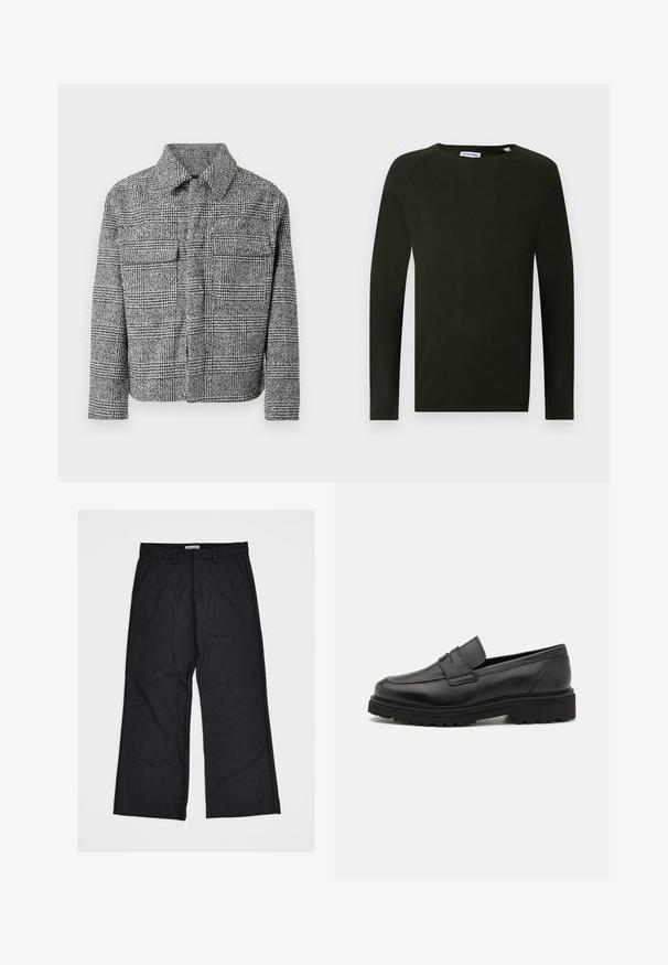 Veste à carreaux noir et blanc avec un col, deux poches poitrine, des manches longues et un tissu texturé.; Chemise en tricot à manches longues vert foncé avec un col rond, présentant un tissu texturé et des poignets ajustés. Étiquette visible au niveau du col.; Pantalon large gris foncé en tissu texturé, avec deux poches avant et passants pour ceinture. L'étiquette indique "United Loneliness".; Mocassin en cuir noir avec un bout rond, des détails cousus, et une semelle épaisse et texturée. Présente un design élégant et minimaliste.