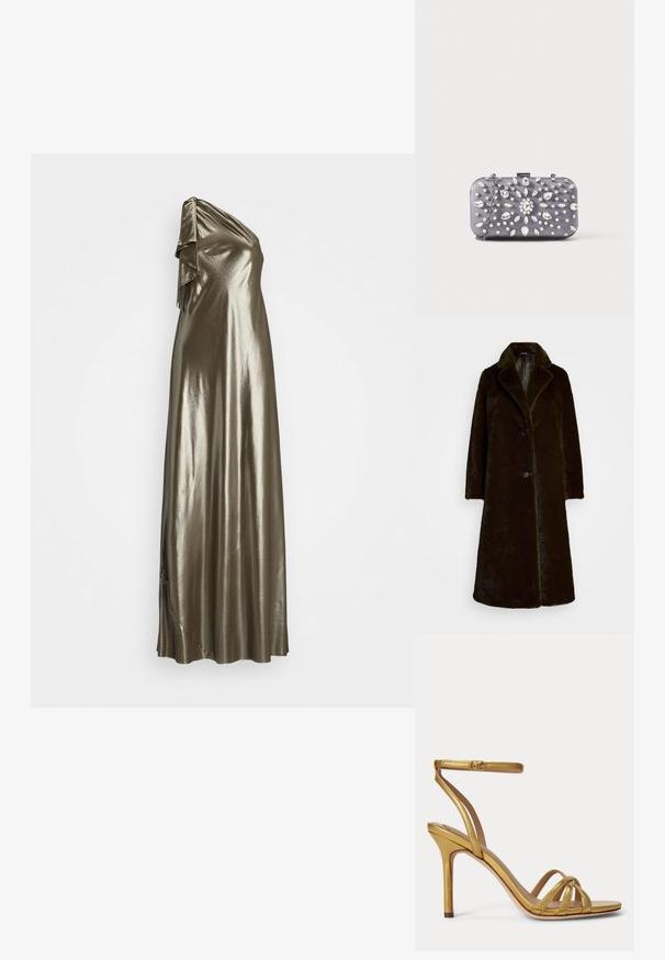 Faux-Fellmantel in Dunkelbraun mit Schalkragen, einem einzigen Knopfverschluss und langen Ärmeln. Weiche Textur mit glatter Fütterung.; Lauren Ralph Lauren METALLIC CHIFFON ONE-SHOULDER GOWN - Ballkleid - silver; Goldene High-Heel-Sandale mit dünnem Knöchelriemen und drei vorderen Riemen über den Zehen auf einfarbigem Hintergrund.; Kleine rechteckige dunkelgraue Clutch, verziert mit klaren Strasssteinen in einem strahlenförmigen Muster und einem silbernen Kettenriemen.