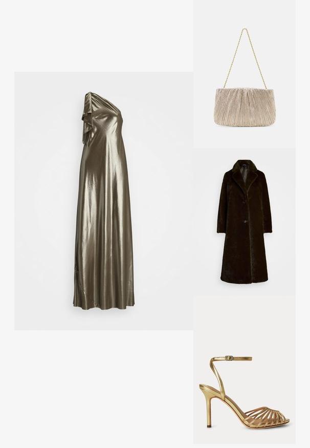Faux fur frakke i mørkebrun med klippet krave, enkelt knaplukning og lange ærmer. Blød tekstur med en glat foering.; Lauren Ralph Lauren METALLIC CHIFFON ONE-SHOULDER GOWN - Gallakjole - silver; Guld højhælede sandal med tynde stropper, åben tå og justerbar ankelrem med lille spænde.; Plisseret metallic stof håndtaske med en gylden kædestrop, blød rektangulær form, lys beige farve, tekstureret overflade og samlede detaljer.