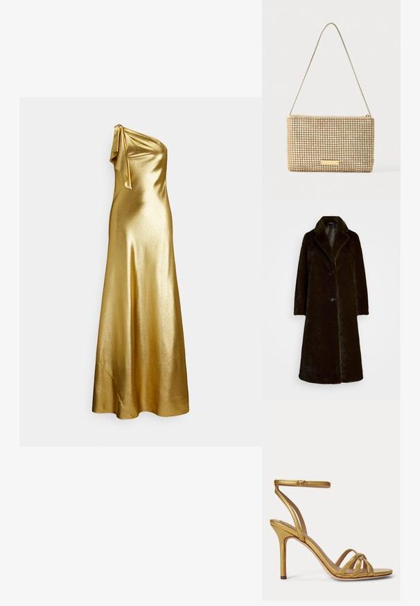 Faux fur frakke i mørkebrun med klippet krave, enkelt knaplukning og lange ærmer. Blød tekstur med en glat foering.; Gold satin kjole med én skulder og bindedetalje ved skulderen, med en glat, glansfuld tekstur og gulvlængde.; Guldsandal med høj hæl, tynd ankelrem og tre frontremme over tæerne på en ensfarvet baggrund.; Guldfarvet clutchtaske med rektangulært design, dækket af skinnende, sølvfarvede rhinsten. Har en tynd metallisk skulderrem og lynlåslukning.