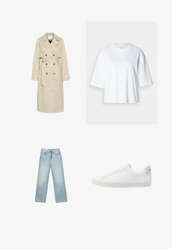 Manteau beige en tissu léger, avec un design croisé, de grands boutons et une ceinture à nouer à la taille. Manches longues et col classique.; T-shirt blanc court à manches courtes, col rond, en coton doux, avec un design simple et épuré.; Jean taille haute bleu clair à jambes larges, légèrement usé sur les poches avant et les cuisses, fermeture par boutons et design cinq poches.; Baskets en cuir blanc avec une semelle en caoutchouc texturée et blanc cassé. Les caractéristiques incluent des lacets, des coutures discrètes et un accent en daim gris au niveau du talon.
