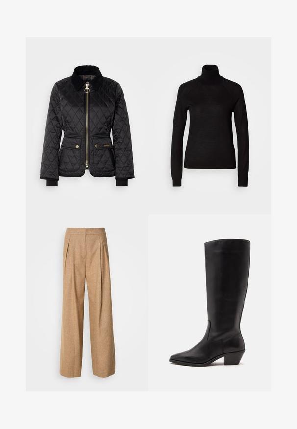 Schwarze gesteppte Jacke mit einem Reißverschluss, Cordkragen und goldfarbener Hardware. Verfügt über zwei Fronttaschen mit Druckknopfverschlüssen.; Schwarzer Rollkragenpullover aus leichtem Strickmaterial. Mit langen Ärmeln und einer figurbetonten Silhouette mit Raglanärmeln.; Weite Hose aus einem strukturierten, hellbraunen Stoff. Mit Vorderfalten und einer hohen Taille, die eine glatte Oberfläche und keine sichtbaren Verschlüsse aufweist.; Schwarzer Lederstiefel bis zur Wade mit spitzer Spitze und niedrigem schrägem Absatz vor einfachem hellem Hintergrund.