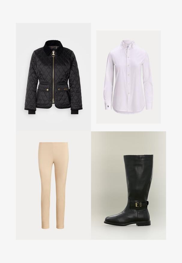 Zwarte gewatteerde jas met een rits aan de voorkant, een corduroy kraag en vergulde hardware. Bevat twee voorzakken met drukknoopsluitingen.; Witte blouse met lange mouwen, knoopsluiting, een knoopsluitkraag en een klein geborduurd logo op de linkermanchet.; Beige slim-fit enkellange broek met een gladde afwerking en zonder zichtbare zakken of versieringen op een effen achtergrond.; Hoge zwarte leren laars met lage hak en een zijriem met een kleine gouden gesp, getoond op een neutrale achtergrond.