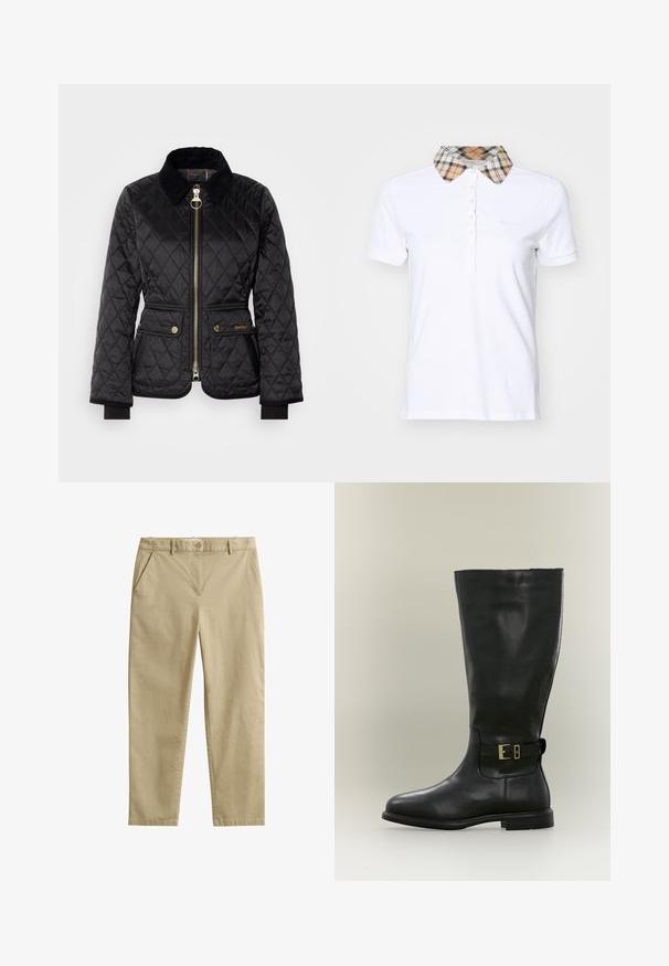 Zwarte gewatteerde jas met een rits aan de voorkant, een corduroy kraag en vergulde hardware. Bevat twee voorzakken met drukknoopsluitingen.; Barbour MALVERN - Poloshirt - white/hessian; Beige broek met rechte pijpen, voorzakken, riemlussen en knoopsluiting, gemaakt van een gladde stof.; Hoge zwarte leren laars met lage hak en een zijriem met een kleine gouden gesp, getoond op een neutrale achtergrond.