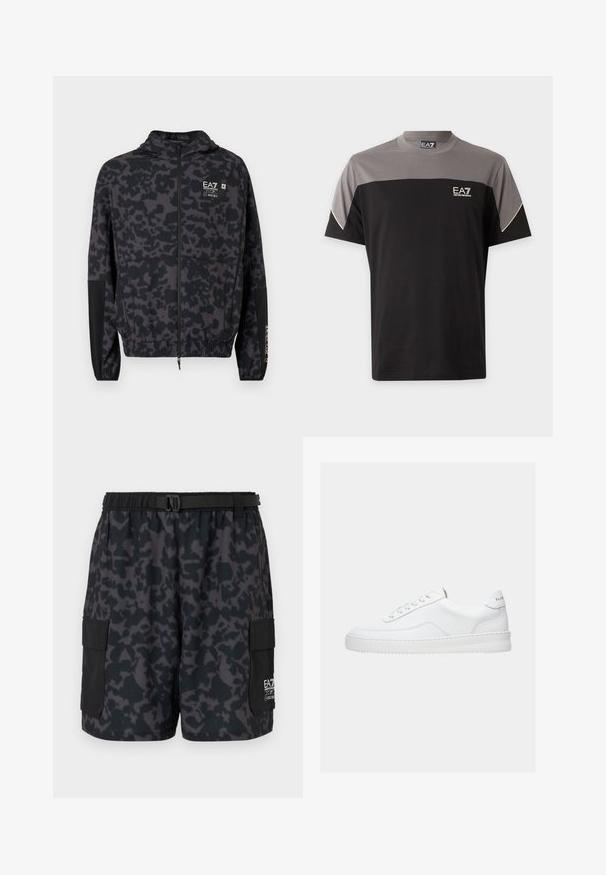 Schwarze Kapuzenjacke mit einem grauen abstrakten Muster. Verfügt über einen Reißverschluss, elastische Bündchen und ein Markenlogo auf der Brust.; Schwarzes und graues EA7 Emporio Armani T-Shirt mit kurzen Ärmeln, Logo auf der Brust und weißem Saum an den Ärmeln.; Schwarze Shorts mit einem dunklen Camouflage-Muster, elastischem Taillenbund, Seitentaschen und einem Gürtel mit Schnalle. Hergestellt aus leichtem, bequemem Material.; Weißer Sneaker mit niedrigem Schaft, Schnürdesign, glattem Lederobermaterial und dicker Sohle, von der Seite auf einfachem Hintergrund gezeigt.