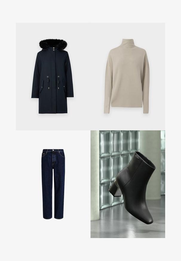 Parka marine avec une capuche doublée de fausse fourrure, boutons dorés, taille élastique et deux poches avant. Tissu lisse avec une finition mate.; Pull en beige clair à col roulé, fabriqué en maille douce, présente une coupe décontractée avec des manches longues et un col haut. Aucun motif visible.; Jeans en denim bleu foncé avec une coupe droite, dotés d'une taille haute, d'un style à cinq poches et de coutures contrastantes. Sans embellissements.; Bottine en cuir noir à talon bloc, logo DKNY près du haut, exposée devant un mur en blocs de verre et un sol en béton poli.