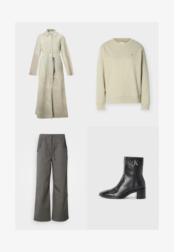 Trench-coat en daim beige clair, avec col cranté, manches longues, boutons à l'avant et ceinture nouée à la taille. Lignes épurées et design minimaliste.; Sweat-shirt col rond beige clair à manches longues avec petit logo brodé sur le côté gauche de la poitrine, présenté sur fond blanc.; Pantalons gris à jambes larges en tissu léger, dotés d'une taille élastique, d'un cordon de serrage et de deux poches latérales avec des accents en bouton.; Botte de cheville en cuir noir avec un bout pointu, un talon carré et une sangle avec un détail de logo métallique. Texture lisse et design minimaliste.