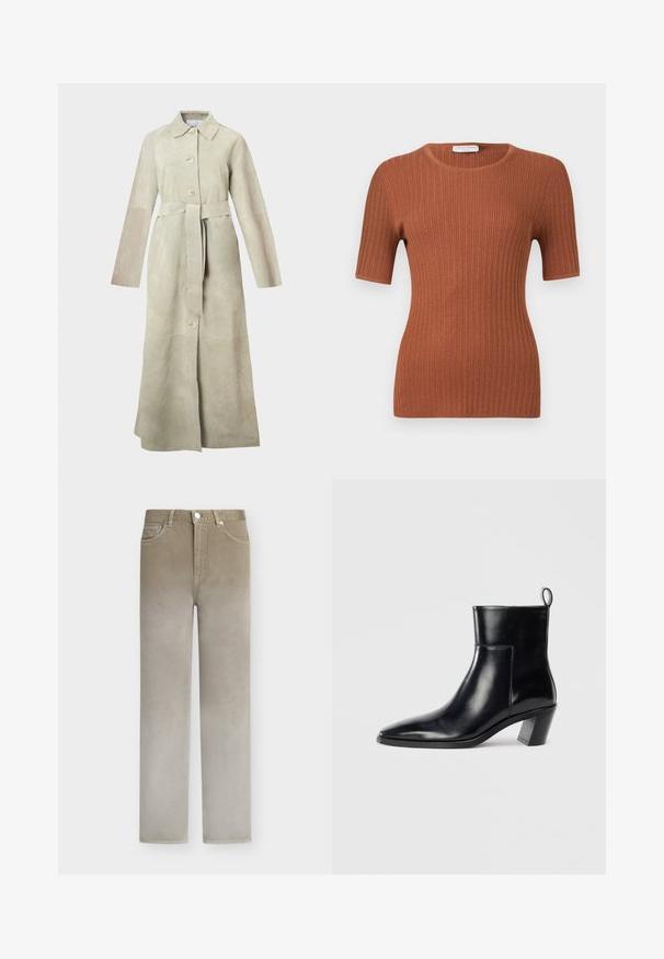 Trench-coat en daim beige clair, avec col cranté, manches longues, boutons à l'avant et ceinture nouée à la taille. Lignes épurées et design minimaliste.; Haut à manches courtes en maille côtelée couleur rouille avec encolure ronde, silhouette ajustée et texture subtile.; Jean beige droit avec fermeture bouton et zip, poches avant et passants pour ceinture, présenté sur un fond blanc uni.; Bottine en cuir noir avec un bout pointu, un talon empilé géométrique et une languette à l'arrière. Texture lisse et design épuré.