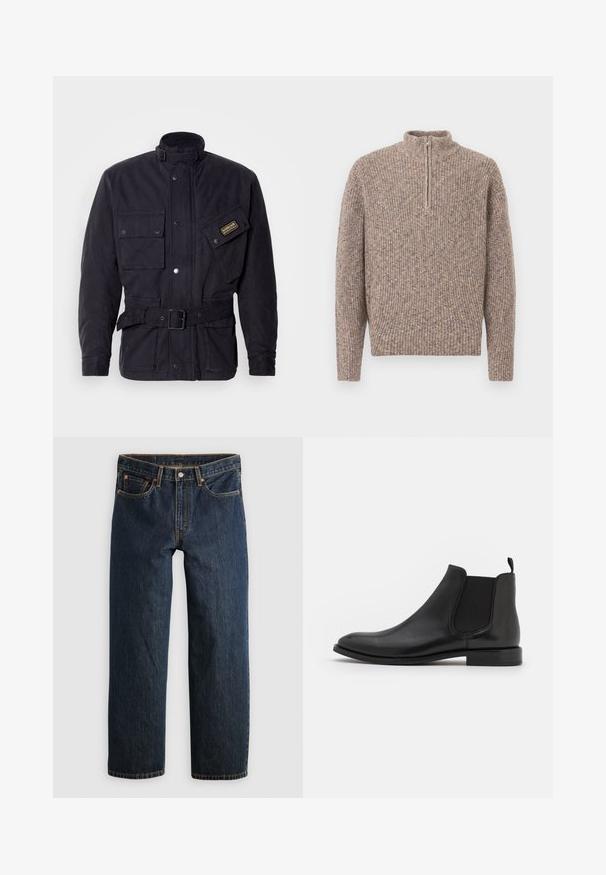 Zwarte gewaxte stoffen jas met een hoge kraag, meerdere zakken en een gespdetail op de riem. Voorzien van een logo-opdruk op de borst.; Bruine geribbelde pullover trui met lange mouwen en een hoge kraag met een halve rits, gepresenteerd tegen een effen achtergrond.; Donkerblauwe denim jeans met een rechte pijp. Voorzien van vijf zakken, contrasterende stiksels en een knoopsluiting in de taille.; Zwarte leren Chelsea boot met elastische zijpanelen, een ronde neus en een lage hak. Gladde textuur met een minimalistisch ontwerp.