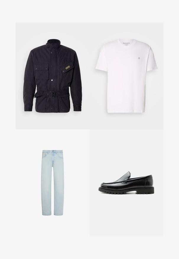 Zwarte gewaxte stoffen jas met een hoge kraag, meerdere zakken en een gespdetail op de riem. Voorzien van een logo-opdruk op de borst.; Witte t-shirt met korte mouwen van katoen, met een ronde halslijn en een klein grijs logo op de borst. Soepele textuur, klassieke fit.; Lichtblauwe denim jeans met rechte pijpen, vooraan knoop- en ritssluiting, riemlussen en voorzakken.; Zwarte leren loafer met dikke rubberen zool, gestikte bovenkant en gegraveerde merknaam op de hiel, zijaanzicht op witte achtergrond.