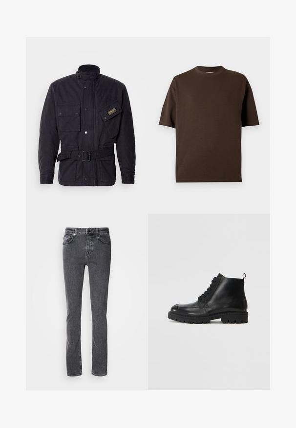 Zwarte gewaxte stoffen jas met een hoge kraag, meerdere zakken en een gespdetail op de riem. Voorzien van een logo-opdruk op de borst.; Effen donkerbruine katoenen T-shirt met korte mouwen en ronde hals, afgebeeld op een witte achtergrond.; Donkergrijze denim jeans, rechte pijpen, vijf zakken, contrasterende stiksels, ritssluiting en knoopsluiting. Geen zichtbare patronen of versieringen.; Zwarte leren enkellaarzen met een ronde neus, vetersluiting aan de voorkant en een gestructureerde rubberen zool. Voorzien van een trekband op de hak voor eenvoudig aan- en uittrekken.