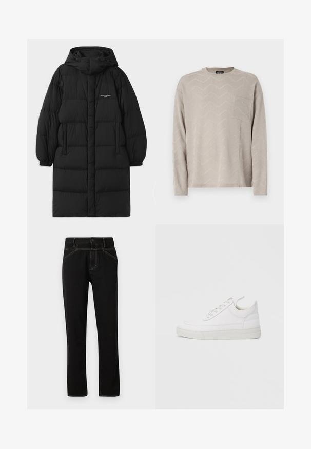 Sort puffjakke med hætte, der har et quiltet design og elastiske manchetter. Forsiden inkluderer sidelommer og en lille logo detalje.; Lys beige langærmet sweater med et struktureret zigzag-mønster, som har en firkantet brystlomme og en rund halsudskæring.; Sorte denim jeans med lige pasform, prydet med gule syninger, fem lommer og en frontlukning med knap. Glat tekstur og minimalistisk design.; Hvid lædersneaker med rundet tå, flad sål og snørebånd foran. Har syningsdetaljer og polstret krave for komfort.