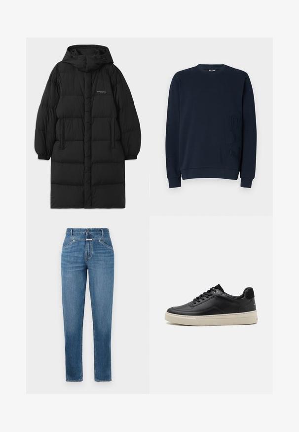 Sort puffjakke med hætte, der har et quiltet design og elastiske manchetter. Forsiden inkluderer sidelommer og en lille logo detalje.; Marine crewneck sweatshirt med tekstureret "EAT" design på venstre front. Fremstillet af blødt stof, har manchetter og en subtil elastisk kant.; Blå, højtaljede straight-leg jeans med frontlommer, bæltestropper, knaplukning og subtile falmningdetaljer.; Sort lædersneaker med lav profil, der har en cremefarvet gummisål, rund tå og snøre-design, akkompagneret af en hæl i sort ruskind.