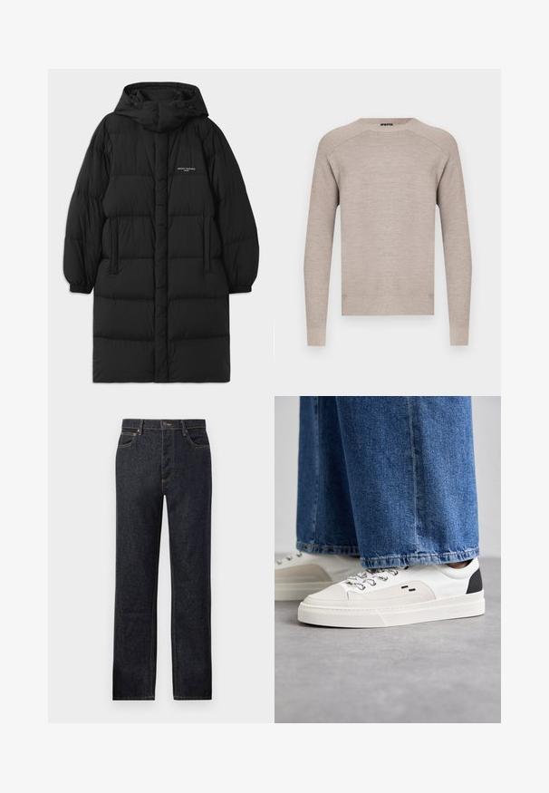 Sort puffjakke med hætte, der har et quiltet design og elastiske manchetter. Forsiden inkluderer sidelommer og en lille logo detalje.; Beige strikket sweater med rund halsudskæring, lange ærmer og ribstrikkede manchetter og kant. Glat tekstur med et subtilt, ensartet mønster.; Mørk denimjeans med lige benudskæring, kontrastfarvet gul syning, fem-lommemodel og frontknaplukning.; Hvide og sorte sneakers med en glat læderoverdel, teksturerede detaljer og en kraftig hvid sål. Har et klassisk snørebåndsdesign.