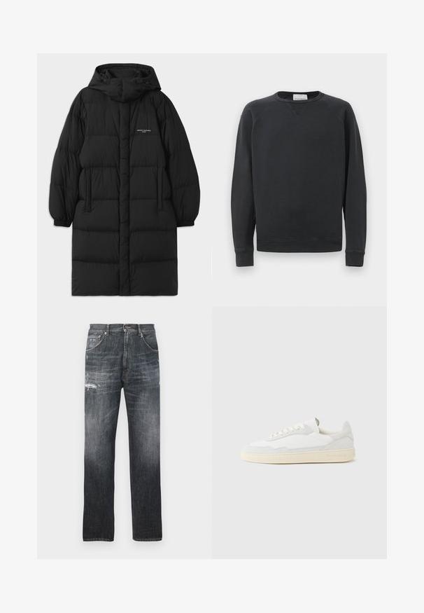 Sort puffjakke med hætte, der har et quiltet design og elastiske manchetter. Forsiden inkluderer sidelommer og en lille logo detalje.; Sort langærmet crewneck sweatshirt med ribbede manchetter og kant, diskret V-syning under kraven og mærke etikette inden i halsudskæringen.; Mørkegrå faded denim jeans med let slid på de øverste lår og klassisk femlomme design.; Hvid sneakers med en øvre del i tekstureret ruskind og læder. Har rundet tå, snørelukning og kontrasterende beige gummisål.