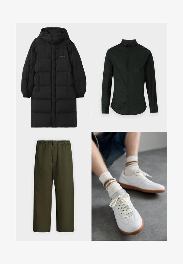 Schwarze Daunenjacke mit Kapuze, ausgestattet mit einem gesteppte Design und elastischen Bündchen. Die Vorderseite enthält Seitentaschen und ein kleines Logodetail.; Schwarzes Langarmhemd aus glattem Stoff, mit durchgeknöpftem Vorderteil, klassischem Kragen und abgerundetem Saum, ohne sichtbare Muster oder Verzierungen.; Dunkelgrüne, locker geschnittene Hose mit elastischem Bund, geraden Beinen und ohne sichtbare Taschen oder Verzierungen, präsentiert auf schlichtem Hintergrund.; Weiße Ledersneaker mit glatter Textur, grauen Wildlederelementen, beigen Gummisohlen und flachen Schnürsenkeln. Kombiniert mit cremefarbenen und braun gestreiften Socken.