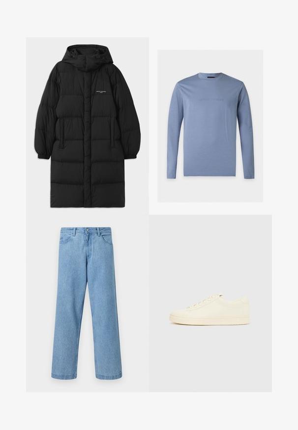 Sort puffjakke med hætte, der har et quiltet design og elastiske manchetter. Forsiden inkluderer sidelommer og en lille logo detalje.; Langærmet lyseblå T-shirt med rund hals og præget Emporio Armani-logo centreret på brystet mod en hvid baggrund.; Lyseblå straight-leg denimjeans med forlommer, bæltestropper og knaplukning mod en ensfarvet baggrund.; Sneaker i cremefarve med en glat læderoverdel, rundet tå, snørelukning foran og en tekstureret gummisål. Minimalistisk design uden logoer.