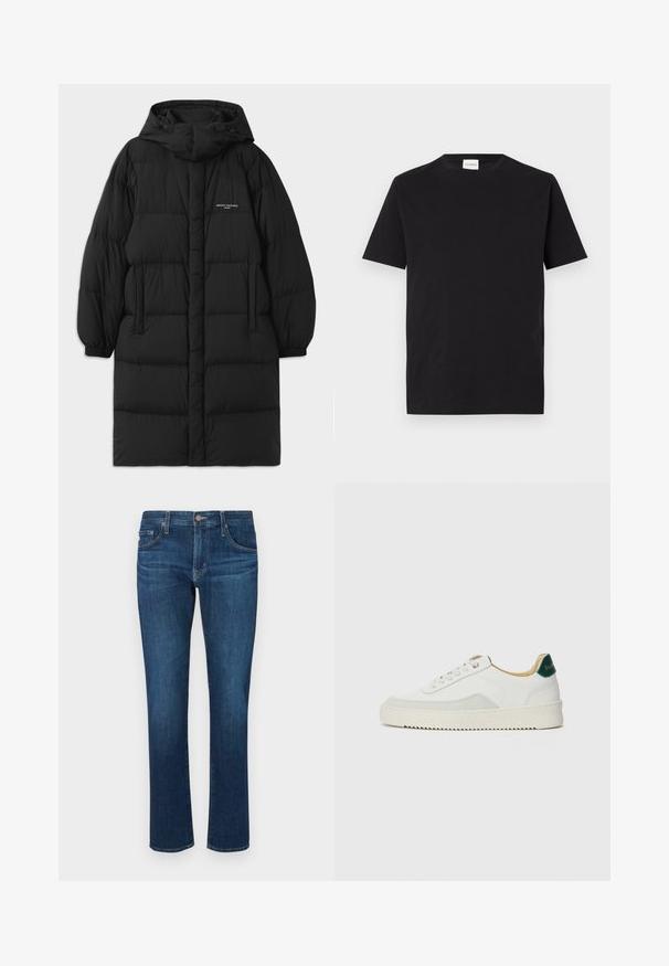 Abrigo de plumas negro con capucha, que presenta un diseño acolchado y puños elásticos. En la parte delantera incluye bolsillos laterales y un pequeño detalle de logotipo.; Camiseta de algodón negra con cuello redondo y mangas cortas. Presenta un corte recto y un diseño minimalista, con una etiqueta visible en el cuello.; Jean oscuro de mezclilla con un diseño de pierna recta, estilo clásico de cinco bolsillos y cierre de botón en la cintura. Textura suave.; Zapatilla blanca con acentos de ante, puntera redondeada, cordones planos y suela de goma color crema. Presenta un logo verde en el talón.