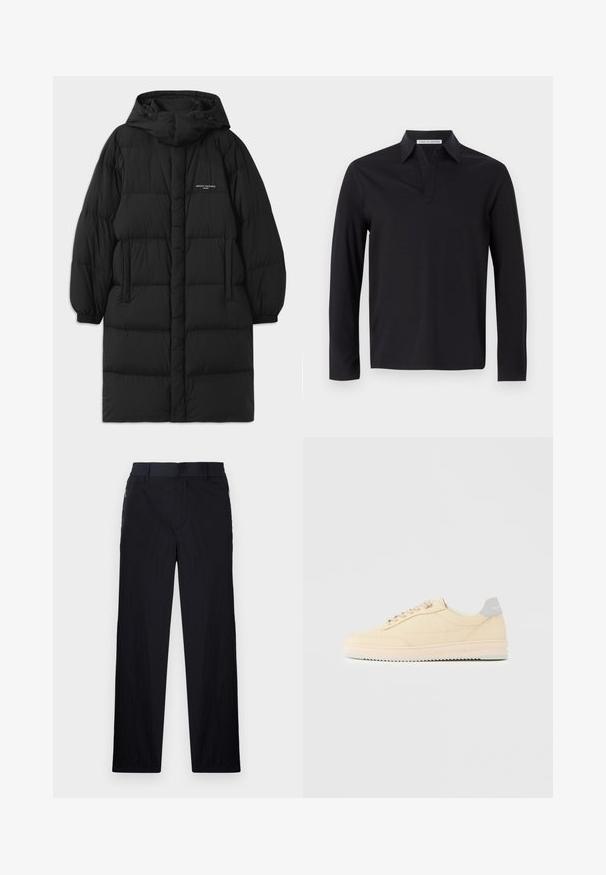 Sort puffjakke med hætte, der har et quiltet design og elastiske manchetter. Forsiden inkluderer sidelommer og en lille logo detalje.; Tiger of Sweden TRUANE - Langærmet T-shirt - black; Sorte bukser i let, struktureret stof, med lige ben, elastisk talje og sidelommer med lynlås.; Beige lavtop sneaker med snørelukning foran, lyserød sål og grå hællap med mærket "Filling Pieces", vist i profil på ensfarvet baggrund.