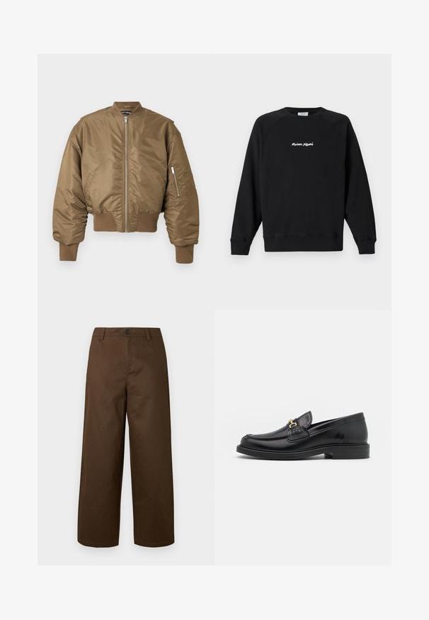 Blouson aviateur marron avec fermeture éclair frontale, poignets et ourlet côtelés, et poche zippée sur la manche gauche sur un fond uni.; Sweatshirt noir à manches longues avec col rond, avec le texte blanc "Maison Kitsuné" centré sur la poitrine, présenté sur un fond clair uni.; Pantalon marron à jambes larges en tissu lisse, avec fermeture à boutons à l'avant et poches latérales, au design épuré et simple.; Mocassins en cuir noir avec un embout rond, présentant des accents en métal doré et des détails de couture, montés sur une semelle en caoutchouc texturé et basse.