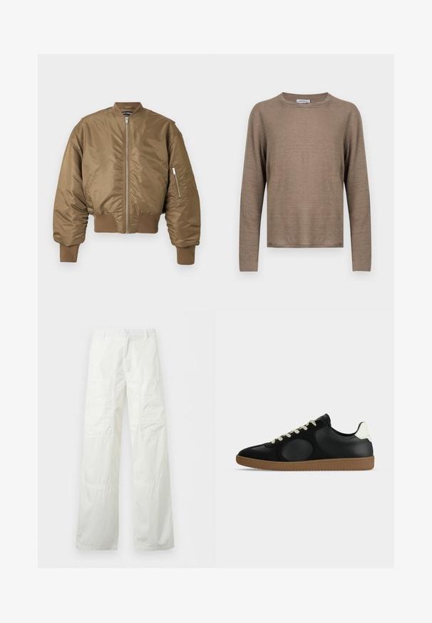 Blouson aviateur marron avec fermeture éclair frontale, poignets et ourlet côtelés, et poche zippée sur la manche gauche sur un fond uni.; Chemise marron à manches longues avec col rond, coupe ajustée, présentée à plat sur un fond blanc.; Pantalon blanc à jambes larges avec taille boutonnée et deux grandes poches cargo boutonnées sur les cuisses, présenté à plat sur fond blanc.; Baskets basses noires avec détail blanc au talon, lacets beiges et semelle en caoutchouc marron, visibles de profil sur fond blanc.