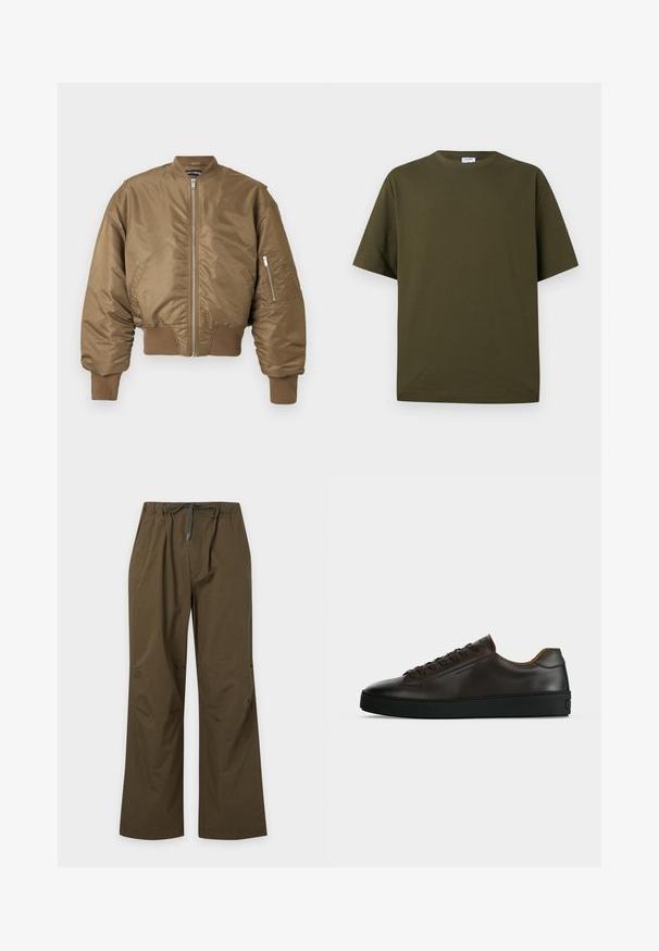 Blouson aviateur marron avec fermeture éclair frontale, poignets et ourlet côtelés, et poche zippée sur la manche gauche sur un fond uni.; T-shirt à manches courtes couleur vert olive, col rond, en tissu uni avec un ourlet droit et une petite étiquette de marque à l'intérieur du col.; Pantalon décontracté vert olive avec taille élastique et cordon de serrage à l'avant, coupe droite et coupe décontractée.; Baskets basses en cuir marron foncé avec semelle en caoutchouc noire, lacets à l'avant et design minimaliste épuré sur fond clair.