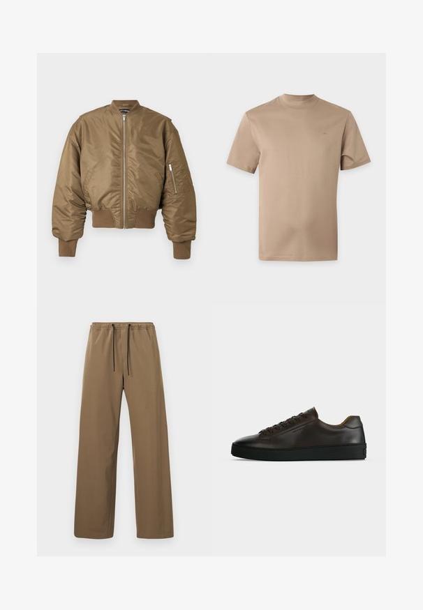 Blouson aviateur marron avec fermeture éclair frontale, poignets et ourlet côtelés, et poche zippée sur la manche gauche sur un fond uni.; T-shirt beige à manches courtes avec col rond et un petit logo subtil sur la poitrine gauche, présenté sur un fond uni.; Pantalon marron à coupe droite avec taille élastique et cordons noirs, présenté sur un fond clair uni.; Baskets basses en cuir marron foncé avec semelle en caoutchouc noire, lacets à l'avant et design minimaliste épuré sur fond clair.