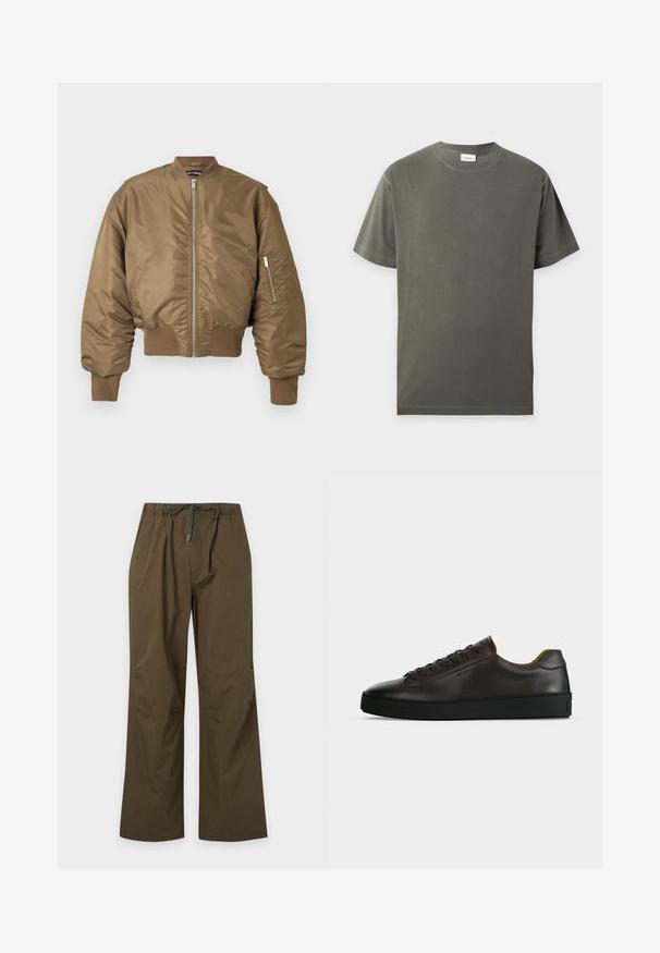 Braune Bomberjacke mit frontalem Reißverschluss, gerippten Bündchen und Saum sowie einer Reißverschlusstasche am linken Ärmel vor einfarbigem Hintergrund.; Schlichtes olivgrünes T-Shirt mit kurzen Ärmeln und Rundhalsausschnitt mit dezentem Logo auf der Brust, dargestellt auf hellem grauem Hintergrund.; Olivgrüne Freizeithose mit elastischem Bund und vorderem Kordelzug, geradem Bein und entspannter Passform.; Flach geschnittener dunkelbrauner Ledersneaker mit schwarzer Gummisohle, Schnürung vorne und schlicht-minimalistischem Design auf hellem Hintergrund.
