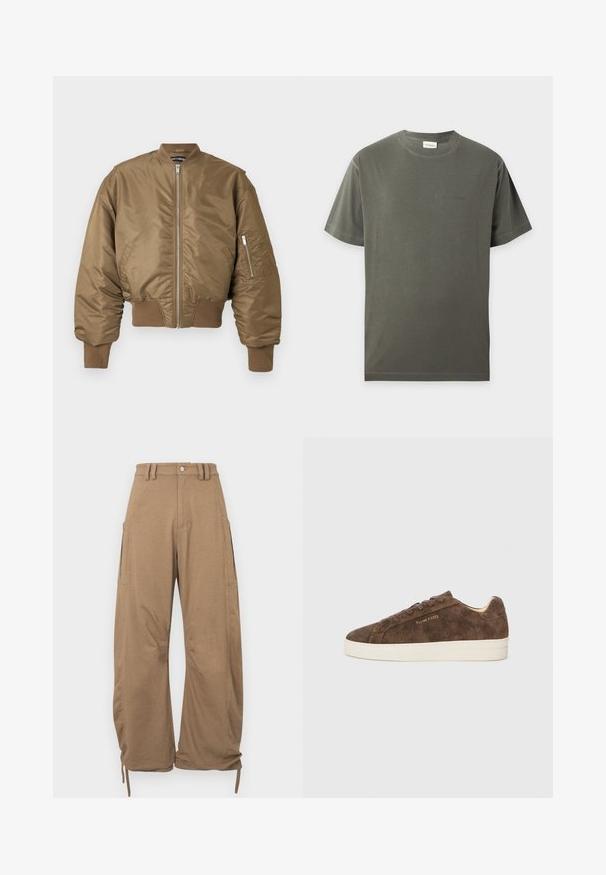 Blouson aviateur marron avec fermeture éclair frontale, poignets et ourlet côtelés, et poche zippée sur la manche gauche sur un fond uni.; T-shirt uni vert olive à manches courtes et col rond avec un logo discret sur la poitrine, présenté sur un fond gris clair.; Pantalon cargo en tissu marron clair, doté de deux poches latérales, d'une coupe décontractée, d'ourlets à cordon de serrage et d'une fermeture à boutons à la taille.; Baskets en daim marron avec une silhouette basse, un bout arrondi et une semelle en caoutchouc blanc. Elles présentent des lacets foncés et un logo discret sur le côté.