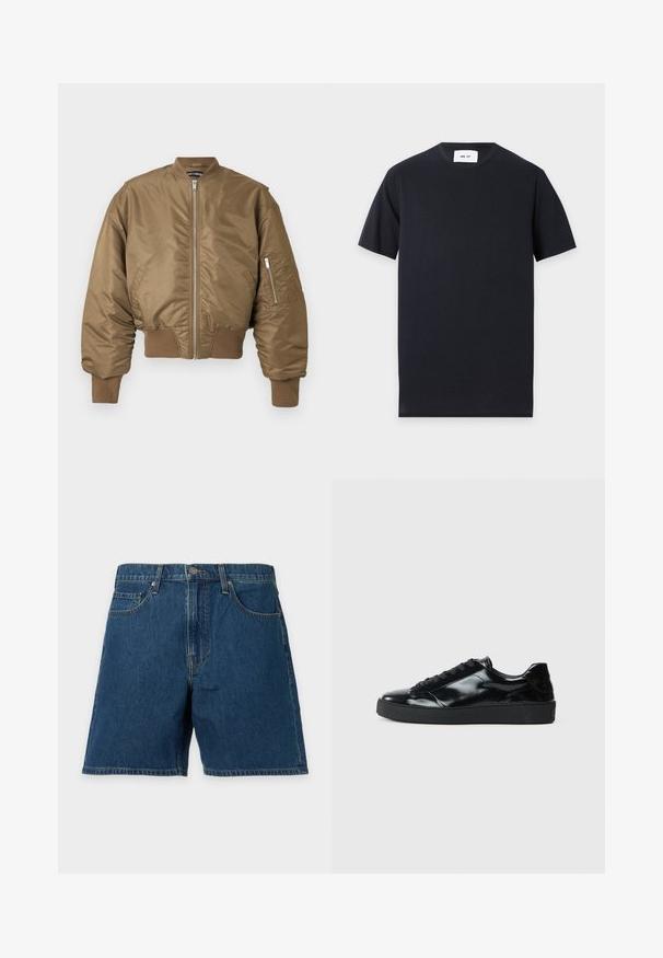 Braune Bomberjacke mit frontalem Reißverschluss, gerippten Bündchen und Saum sowie einer Reißverschlusstasche am linken Ärmel vor einfarbigem Hintergrund.; Schwarzes T-Shirt mit kurzen Ärmeln und Rundhalsausschnitt sowie weißem Label innen im Nacken auf hellgrauem Hintergrund.; Blaue Jeansshorts mit vorderem Knopf, Reißverschluss, Gürtelschlaufen und Vordertaschen auf hellem Hintergrund.; Schwarze Lackledersneaker mit runder Zehenform, Schnürdesign, strukturiertem Gummisohle und glatter Oberfläche.