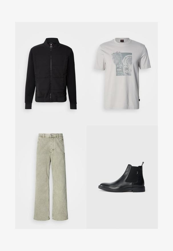 Sort bomberjakke med polstret torso, ensfarvede ærmer, ribbede manchetter og lynlås foran. Materialet er en blanding af syntetiske fibre og bomuld.; Lysegrå T-shirt med korte ærmer og tryk af cirkulære treringe samt teksten "BOSS" midt på fronten.; Lys grøn brede jeans med høj talje, lavet af denim, med knaplukning og klassisk fem-lommer design.; Sorte læder Chelsea støvler med elastiske sidepaneler, en pull-tab og en flad gummisål. Glat tekstur med minimal detaljer.