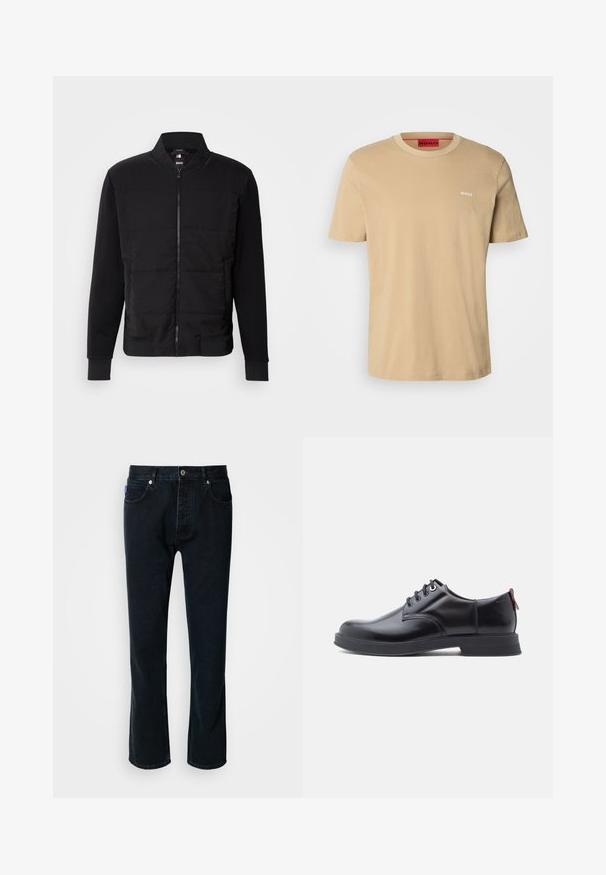 Zwarte bomberjack met een gevoerde torso, stevige mouwen, ribgebreide manchetten en een ritssluiting aan de voorkant. Materiaal is een mix van synthetische vezels en katoen.; Beige katoenen t-shirt met een ronde hals, korte mouwen en een klein wit "HUGO" logo op de borst. Een gladde textuur zonder patronen.; HUGO JONAH - Straight leg jeans - dark blue; Zwarte leren veter schoenen met een gladde textuur, ronde neus en subtiel stiksel detail. Voorzien van een rode trekband op de hiel.