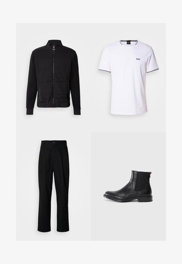 Sort bomberjakke med polstret torso, ensfarvede ærmer, ribbede manchetter og lynlås foran. Materialet er en blanding af syntetiske fibre og bomuld.; Hvid bomulds t-shirt med korte ærmer, der har en rund halsudskæring og sorte striber på kraven og ærmeenderne. Lille "BOSS" logo på brystet.; Sorte lige ben bukser med en knaplukket talje, bæltestropper og en frontfold, præsenteret mod en ensfarvet hvid baggrund.; Sort læder Chelsea-støvle med elastiske sidepaneler, afrundet tå og lav, stablet hæl. Har en rød løftestrop og subtil branding på siden.