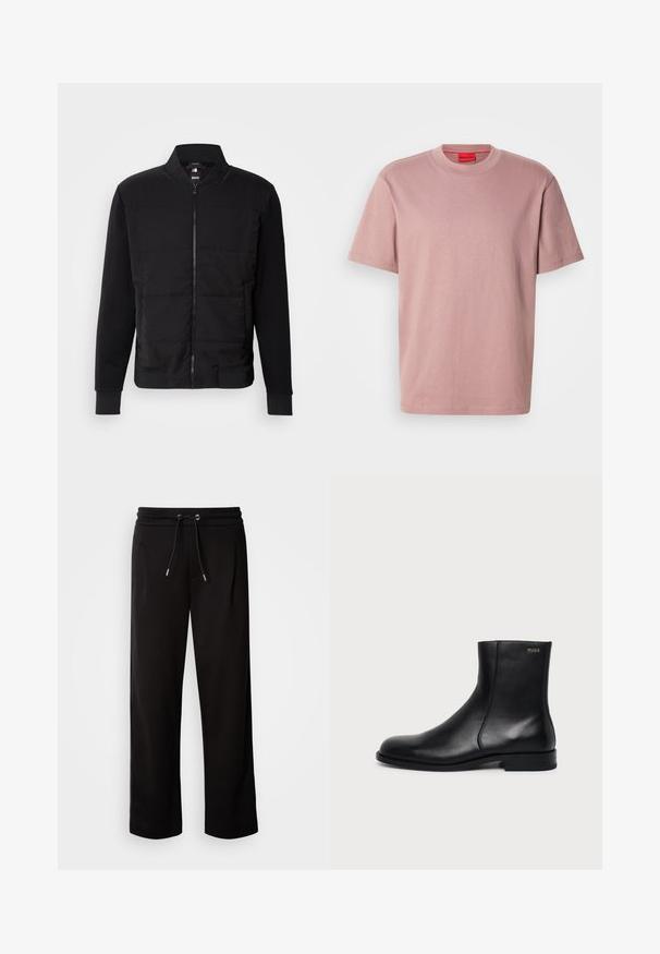 Zwarte bomberjack met een gevoerde torso, stevige mouwen, ribgebreide manchetten en een ritssluiting aan de voorkant. Materiaal is een mix van synthetische vezels en katoen.; Lichtroze katoenen T-shirt met een ronde halslijn, korte mouwen en een reliëf "HUGO" logo op de borst. Glad materiaal met een casual ontwerp.; Zwarte, loszittende joggingbroek van zachte stof, met een elastische tailleband met een trekkoord en zijzakken.; Zwarte leren enkellaars met lage hak, zijstiksels en klein "HUGO" logo op de bovenste boord tegen een effen achtergrond.