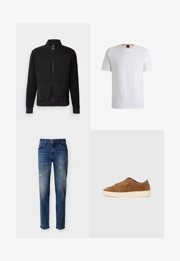 Sort bomberjakke med polstret torso, ensfarvede ærmer, ribbede manchetter og lynlås foran. Materialet er en blanding af syntetiske fibre og bomuld.; Hvid bomulds t-shirt med korte ærmer og rund hals. Har et diskret logo-patch foran og en orange detalje ved kraven.; Blå denim jeans med let falming og slidte områder, fem-lommer stil, lige ben, knap- og lynlås lukning.; Brun ruskindsneakers med rundet tå, cremefarvet gummisål og ton-i-ton snørebånd. Har præget logo på siden og en glat bagplade.