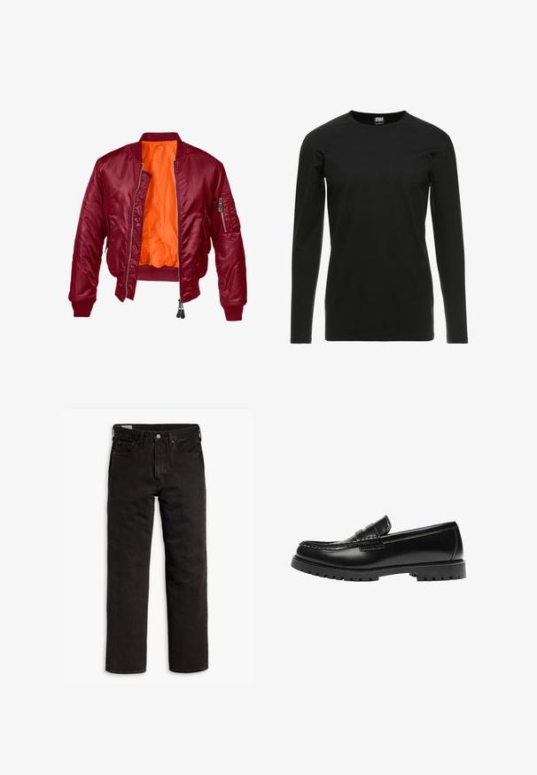 Bordeaux bomberjack met een rits aan de voorkant, geribde manchetten en een oranje binnenvoering. Heeft een ritszak op de linkermouw. Gladde textuur.; Urban Classics STRETCH TERRY - Longsleeve - black; Zwarte recht gesneden denim jeans met vijf zakken, knoopsluiting en riemlussen, plat gelegd op een witte achtergrond.; Zwarte leren loafer met een dikke rubberen zool en klassieke penny-strap details, gezien vanaf de buitenkant.