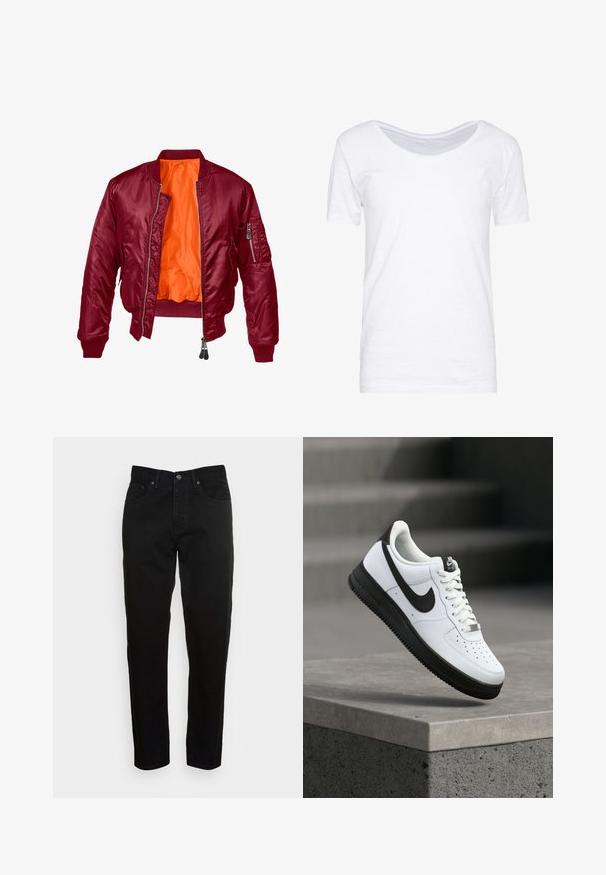 Bordeaux bomberjack met een rits aan de voorkant, geribde manchetten en een oranje binnenvoering. Heeft een ritszak op de linkermouw. Gladde textuur.; Witte korte mouwen t-shirt, ronde halslijn, zachte textuur, ontspannen pasvorm, gemaakt van lichtgewicht stof met een lichte rek. Geen patronen of accenten.; Zwarte slim-fit jeans met een knoopsluiting aan de voorkant en een vijf-pocket ontwerp, weergegeven tegen een effen lichtgrijze achtergrond.; Witte leren sneaker met zwarte accenten, afgeronde neus en geperforeerde details. Zwarte rubberen zool met een gestructureerd patroon en vetersluiting.