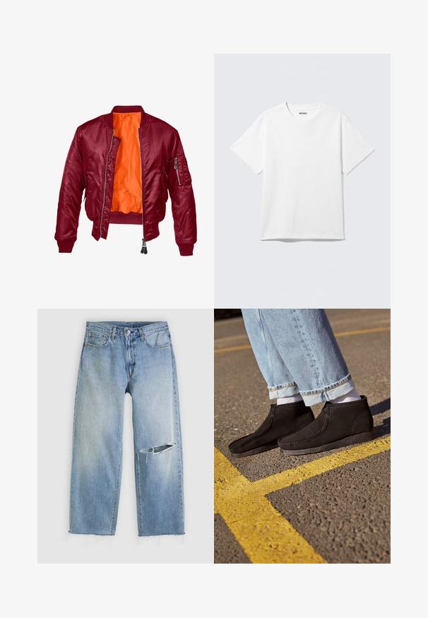 Bordeaux bomberjack met een rits aan de voorkant, geribde manchetten en een oranje binnenvoering. Heeft een ritszak op de linkermouw. Gladde textuur.; Witte T-shirt met korte mouwen en ronde hals, plat gelegd, effen ontwerp, met een "WEEKDAY" label in de kraag op een lichte achtergrond.; Lichtblauwe jeans met rechte pijpen, een grote horizontale scheur op de rechterknie en rafelige zoom, tegen een witte achtergrond.; Zwarte suède enkellaarsjes met een gladde textuur, een gebogen neus en gestikte details. Combinatie met lichtblauwe opgerolde jeans en witte sokken.