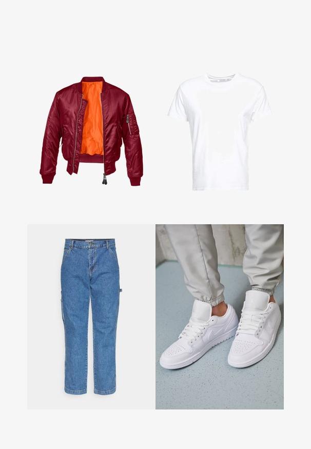 Burgundy bomber jacket with a zip front, ribbed cuffs, and an orange interior. Features a zip pocket on the left sleeve. Smooth texture.; White cotton t-shirt features a round neckline and short sleeves, with a classic fit and smooth texture. No patterns or hardware visible.; Blue denim cargo pants with a straight leg design, button closure, and side pockets. The fabric features a classic, textured weave.; White leather sneakers feature a perforated toe box, flat laces, padded collar, and the Jordan logo on the tongue. Worn with gray joggers.