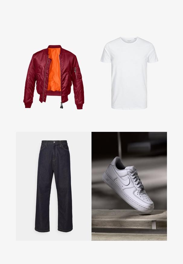 Bordeaux bomberjack met een rits aan de voorkant, geribde manchetten en een oranje binnenvoering. Heeft een ritszak op de linkermouw. Gladde textuur.; Ronde hals kortemouwen t-shirt in effen wit, gemaakt van zachte katoen, heeft een eenvoudig ontwerp zonder zichtbare patronen of accenten.; Donkerblauwe rechte spijkerbroek met gele stiksels, voorknop, ritssluiting en vijf pocket ontwerp.; Witte Nike Air Force 1 sneaker van leer met geperforeerde neus, platte veters en een gestructureerde rubberen zool met "AIR"-logo aan de zijkant.