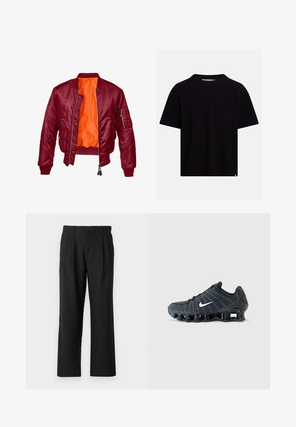 Veste bomber bordeaux avec fermeture éclair à l'avant, poignets côtelés et intérieur orange. Dispose d'une poche zippée sur la manche gauche. Texture lisse.; T-shirt noir à manches courtes avec col rond, poche sur la poitrine gauche et petite étiquette blanche en bas de l'ourlet.; Jack & Jones Classic Wide Leg Fit - Pantalon classique - black; Chaussure de course Nike noire avec logo swoosh blanc, semelle segmentée rembourrée et tige en maille respirante sur fond gris uni.