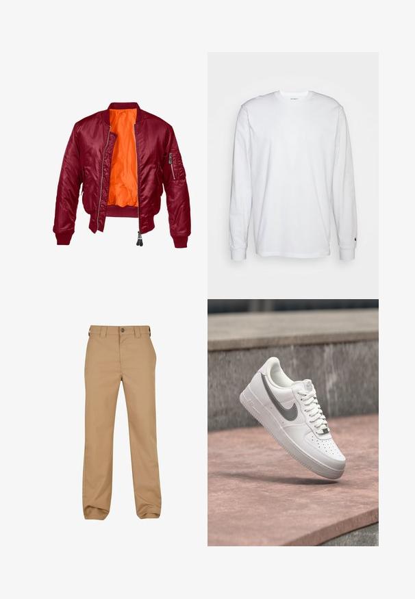Burgundy bomber jacket with a zip front, ribbed cuffs, and an orange interior. Features a zip pocket on the left sleeve. Smooth texture.; White long-sleeved T-shirt made of cotton. Crew neck design with ribbed cuffs and a small logo on the left sleeve. Smooth texture.; Tan cotton chinos with a straight leg design, button closure, and belt loops. Smooth texture, featuring subtle front creases and pockets.; White Nike Air Force 1 sneaker with gray swoosh logo floating above a stone surface and gray stone wall background.