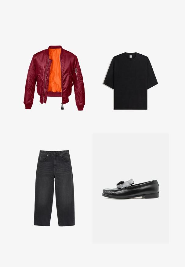 Bordeaux bomberjack met een rits aan de voorkant, geribde manchetten en een oranje binnenvoering. Heeft een ritszak op de linkermouw. Gladde textuur.; Zwart oversized T-shirt met korte mouwen en ronde hals, plat gelegd op een witte achtergrond, met het Bershka-label zichtbaar aan de binnenkant van de kraag.; Zwarte wijduitlopende spijkerbroek met een hoge taille, knopen en ritssluiting aan de voorkant, riemlussen en zakken aan de voor- en achterkant.; Zwarte leren loafer met een kwastdetail, lage hak en ronde neus, zijaanzicht op een effen lichte achtergrond.