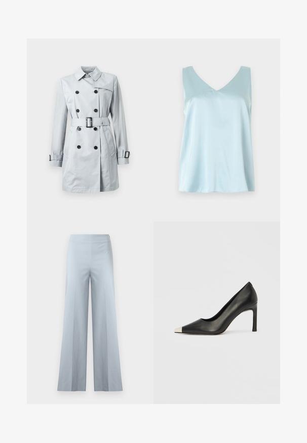 Trench-coat gris clair à double boutonnage avec boutons noirs, taille ceinturée, sangles à boucle sur les poignets et col classique sur fond blanc.; Haut sans manches en satin bleu clair avec encolure en V, coupe ample et texture lisse et brillante sur un fond uni.; Pantalon large bleu clair à taille haute, en tissu lisse et uni, présenté sur un fond blanc uni.; Chaussure à talon haut en cuir noir avec bout pointu et capuchon argenté métallique. Présente une finition lisse et un talon fin de 10 cm.