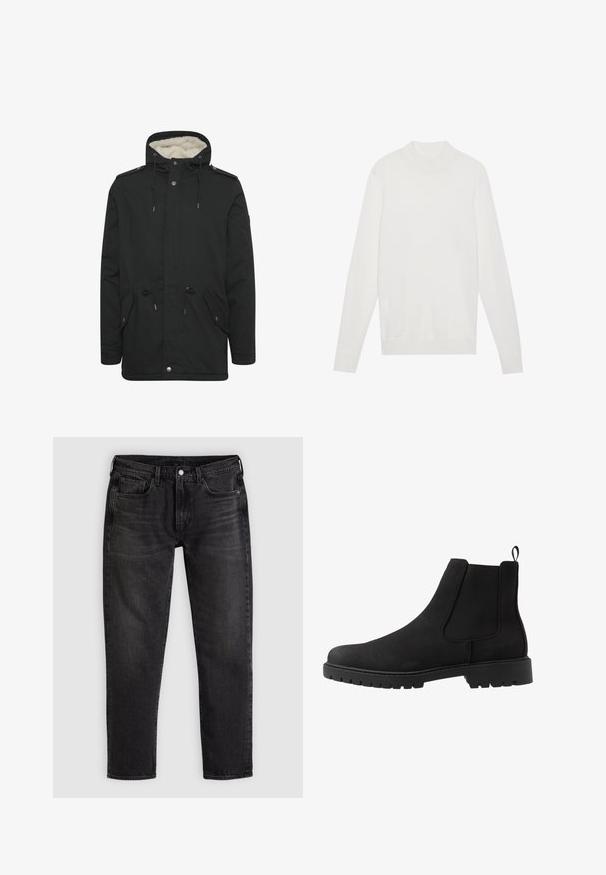 Sort parka-jakke med en blød indvendig foring, justerbar snoretræk til hætten, to frontlommer og knaplukning.; Hvid pullover sweater med høj halsudskæring, lange ærmer og ribbede manchetter og kant. Fremstillet af et blødt strikket stof. Simpelt og tætsiddende design.; Sorte slim-fit denimjeans med fem lommer, bæltestropper og lukning med knap og lynlås foran, lagt fladt på en lys baggrund.; Pier One by Zalando UNISEX - Støvletter - black
